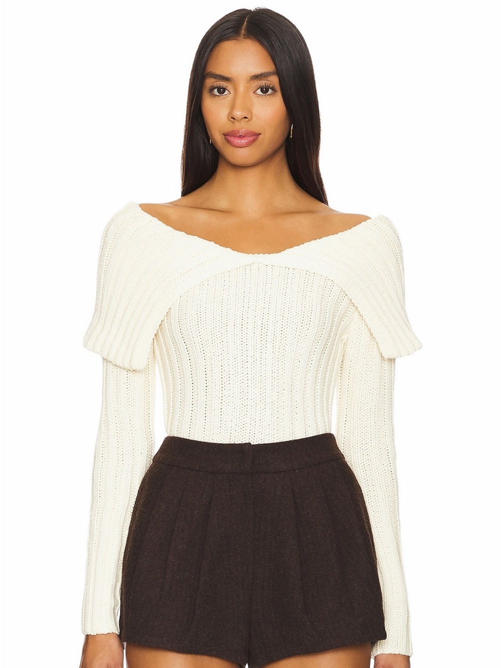 Tularosa Revolve Letina Ivory Foldover Off the Shoulder Knit Sweater Large NWT